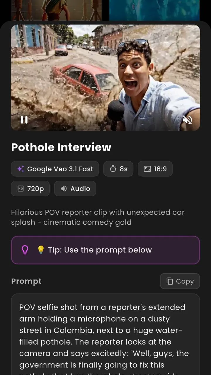 VIBE AI Video Generator app interface showing prompt to video creation